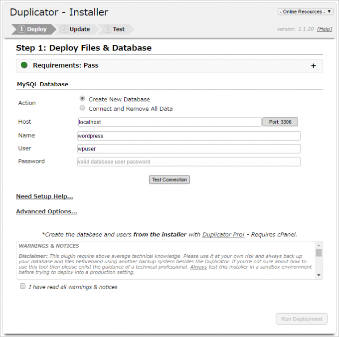 Duplicator インストール画面